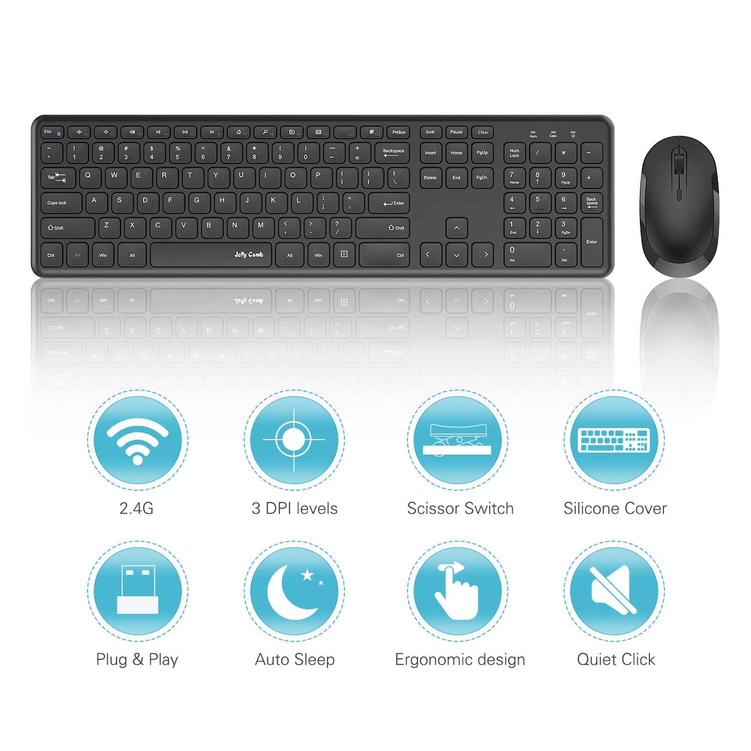 Jelly Comb 2.4G Wireless Keyboard and Mouse Combo Full Size Wireless Keyboard Ultra-Thin Mousee for Computer Laptop PC Deskt