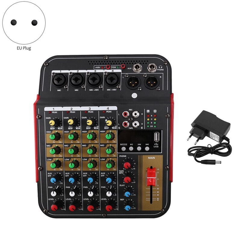 TM4 Digital 4-Channel Audio Mixer Mixing Console Built-In Phantom Power with Audio System for Studio Recording(EU Plug)
