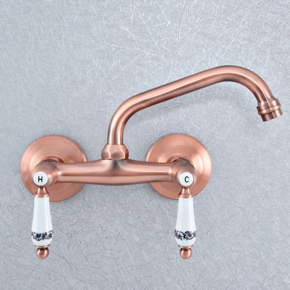 Grifo de cocina de cobre rojo antiguo para baño, mezclador, montado en la pared, doble manija, grifos fríos y calientes, zsf892