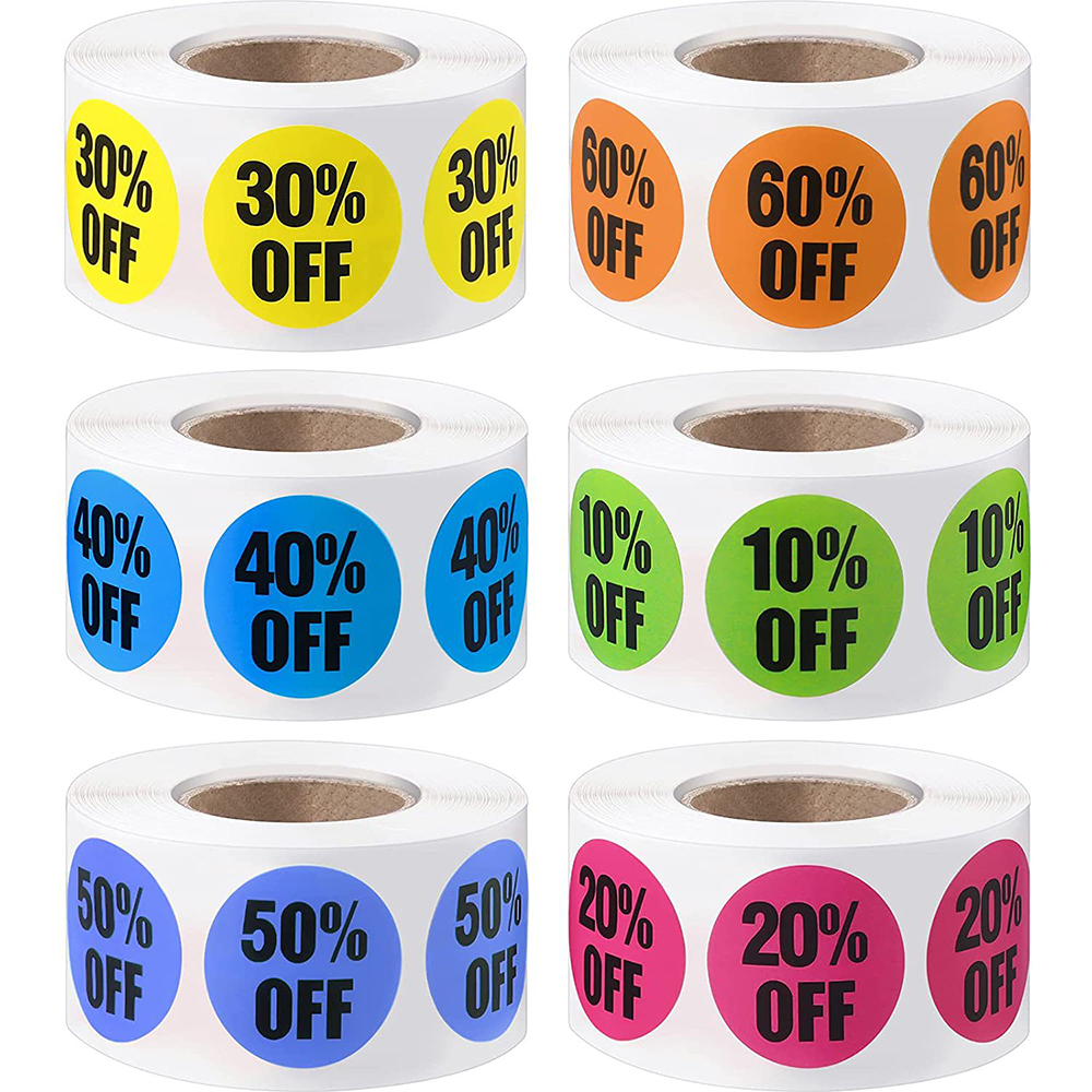 500 stuks/rol product korting label sticker 2,5 cm/1 inch ronde stickers voor kleding/hoed kleine zakelijke benodigdheden 10%/20%/50% korting