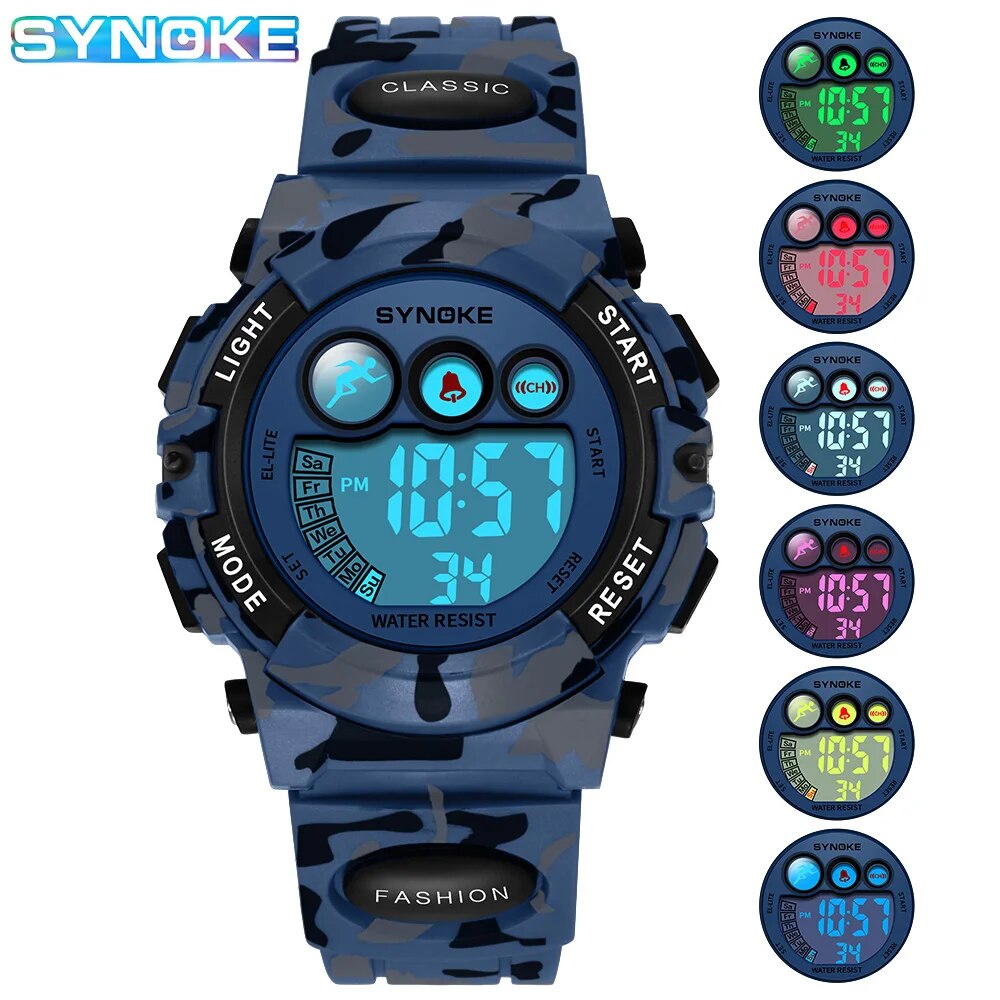 SYNOKE Student Sporthorloges voor kinderen Kleurrijke elektronische horloges 50M waterdichte klok Kinderen digitaal horloge voor jongens meisjes: Blauw