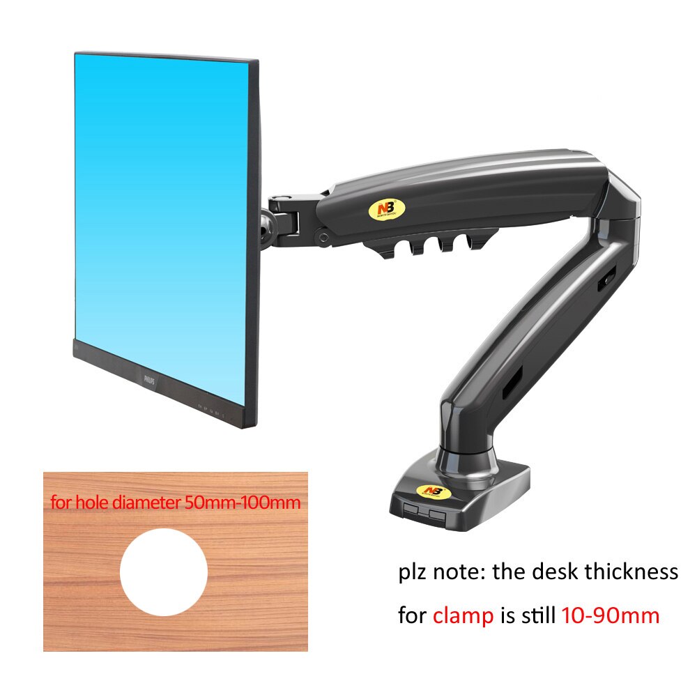 NB F80 17-27" Monitor Holder Arm Gas Spring Full Motion LCD TV Mount 2-9kg ergonomica dual arm clamp bracket 2pc USB3.0: for big hole