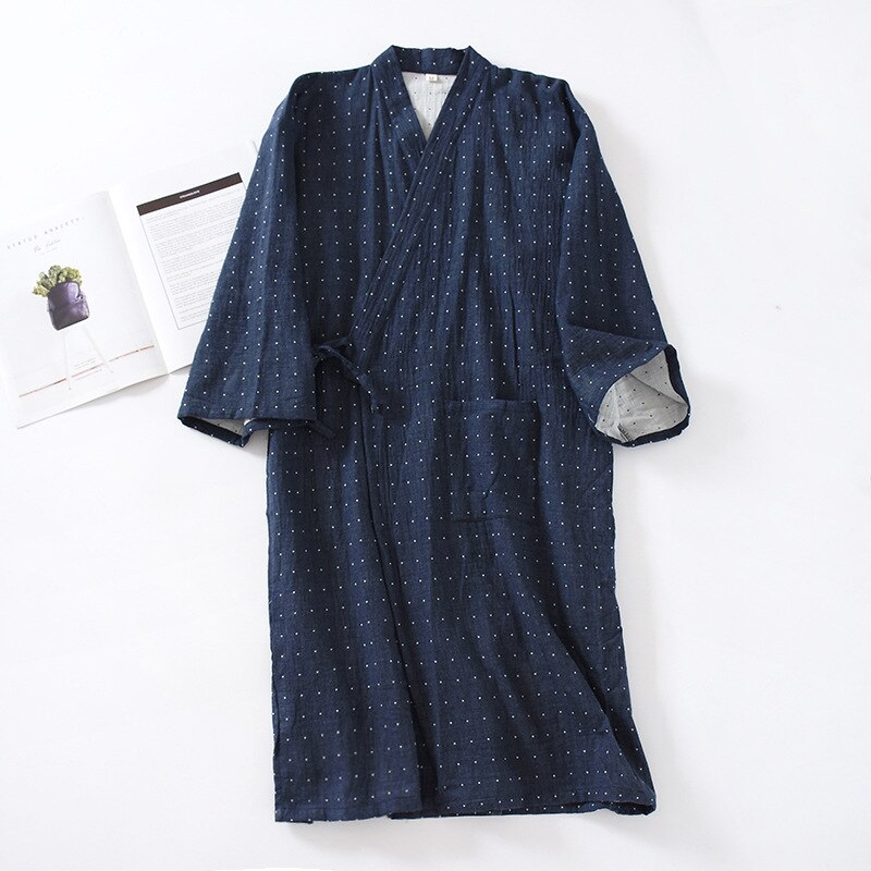 Cotton Kimono Style Bathrobe Men's Spring Summer and Autumn Thin Steamed Bathrobe Nine-quarter Sleeves One-piece Robe Men Kimono: 2 / M