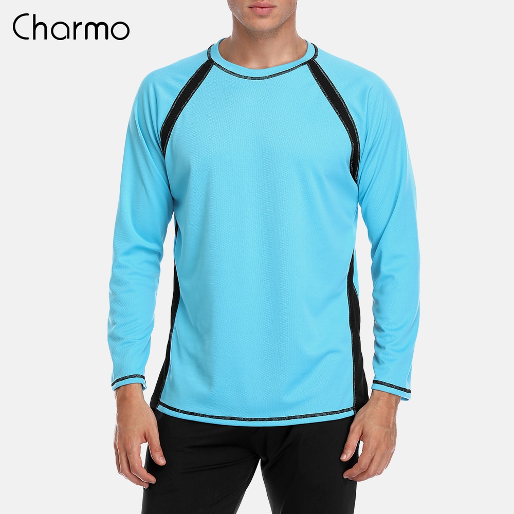 Charmo Mannen Lange Mouw Rashguard Dry-Fit Shirts Mannen Duiken Surf Shirt UV-Bescherming Rash Guards Top UPF 50 + Patchwork Beach Wear