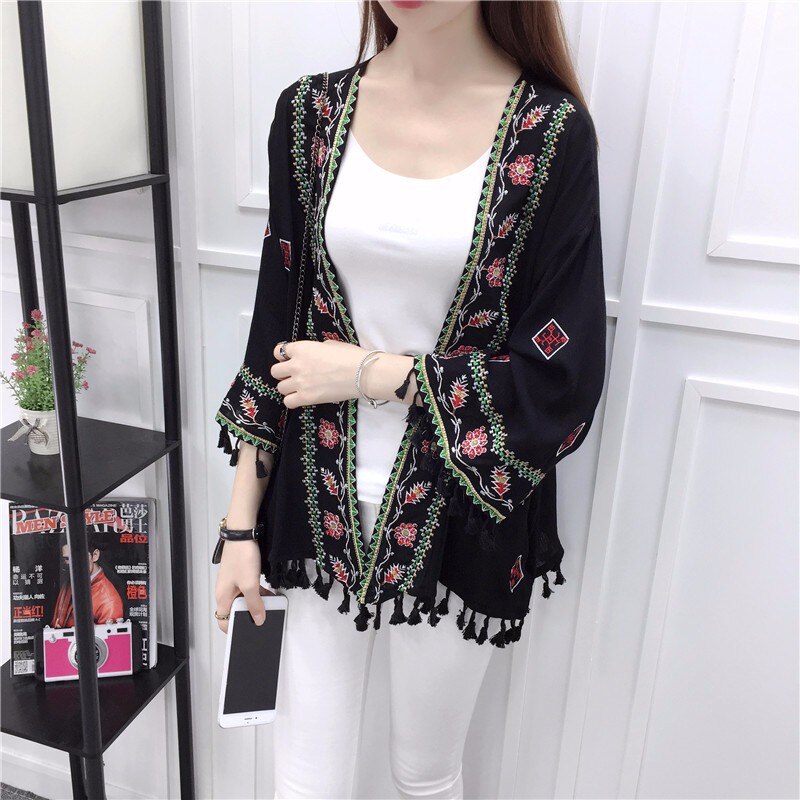 Maternité femmes été ethnique Boho Kimono Cardigan Vintage broderie florale Cardigan fille Beige noir blanc Cardigans: Black