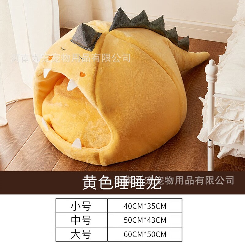 Dinosaur Shape Dog Bed Washable Removable Pet Supplies House Kennel Keeps All Seasons Warm Small Dog Teddy Universal Cat Bed: Light yellow / S