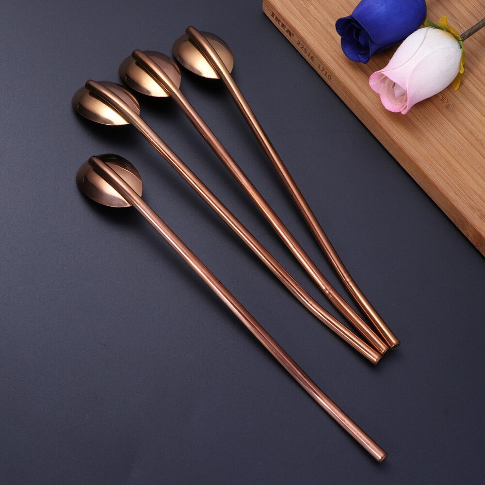 6 st/förpackning rostfritt stål oval form metall drickssked sugrör återanvändbara sugrör cocktailskedar set (roséguld)