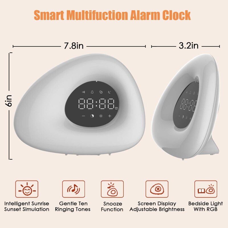 Sunrise Digital Alarm Clocks Smart Wake-Up Light Touch Sensor Bedside Lamp Alarm Clock RGB 7Colors Light Clocks Snooze Feature