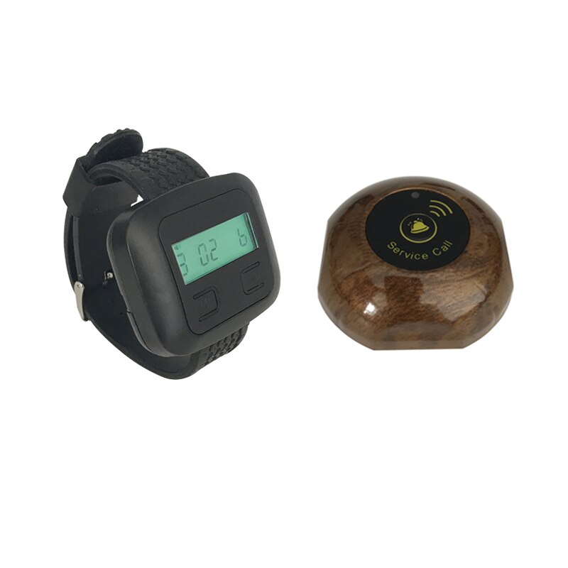 Wireless Calling Paging System 1 Call Button Transmitters + 1 Wrist Watch Frequency 433MHz For Restaurant Clinic Cafe Shop: Wood grain