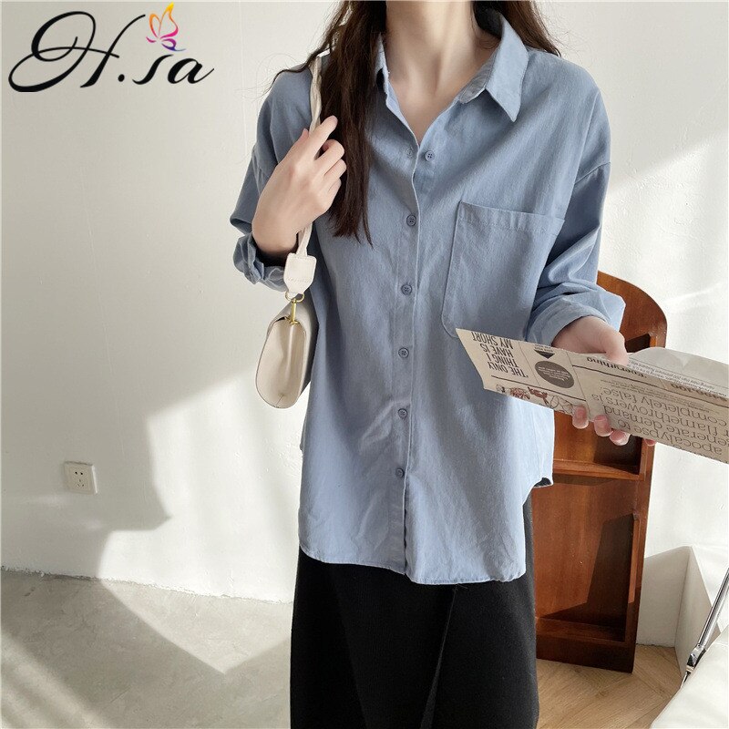 HSA Women Pure Cotton Blouses Trun Down Collar Solid Color Oversized Pocket Blusa Female Shirts Blue Spring Blusas: MYL8308 Blue