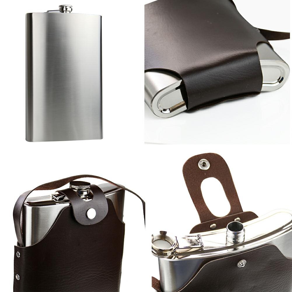 64 OZ Large Thick Stainless Steel Hip Flask Outdoor Portable Flat Wine Bottle Men&#39;s Utensils Leather Case Camping Accessory 1.8L