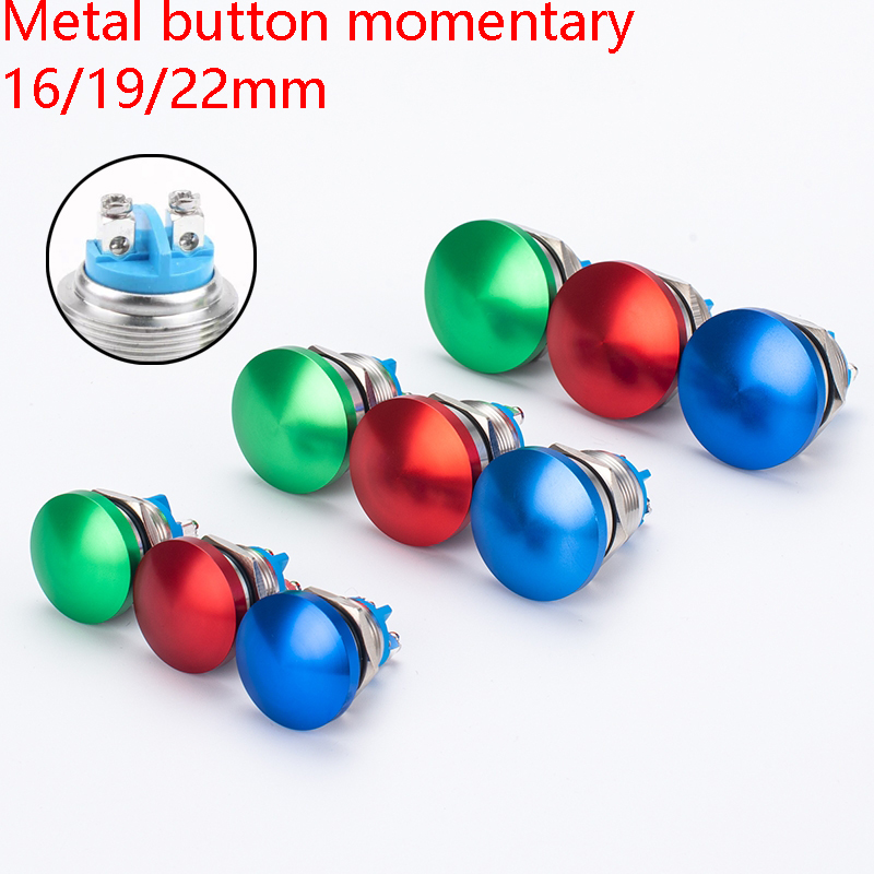16mm/19mm/22mm,Panel Metal Switch With Screw,No Welding Big Head Momentary Not Fixed Push Button Auto Reset,200V 2A 1NO