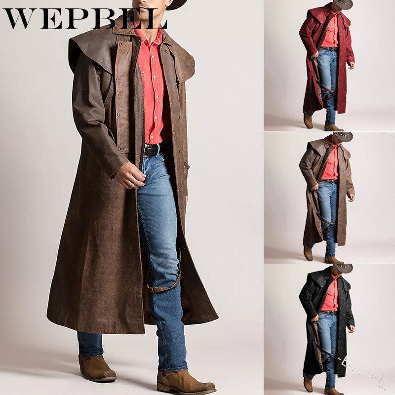 Wepbel cowboy læder duster coat vintage stil vinter frakke fuldærmet retro inverness greatcoat steampunk ridejakke