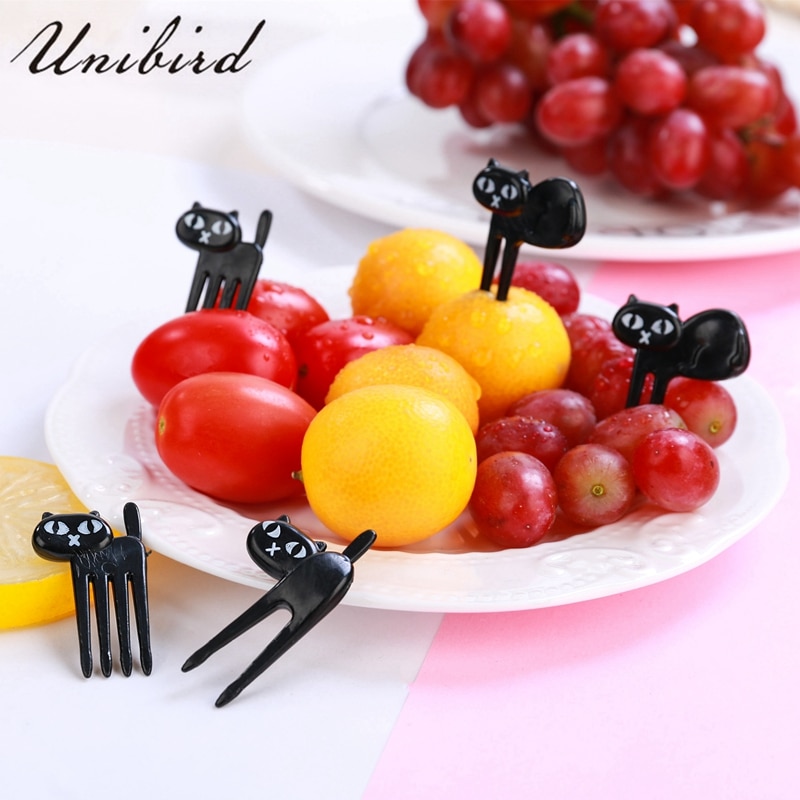 Unibird 6 Stks/set Plastic Zwarte Kat Fruit Vorken Mini Cartoon Aninmal Snack Dessert Vorken Voedsel Pick Bento Decoratie voor Kids Tool