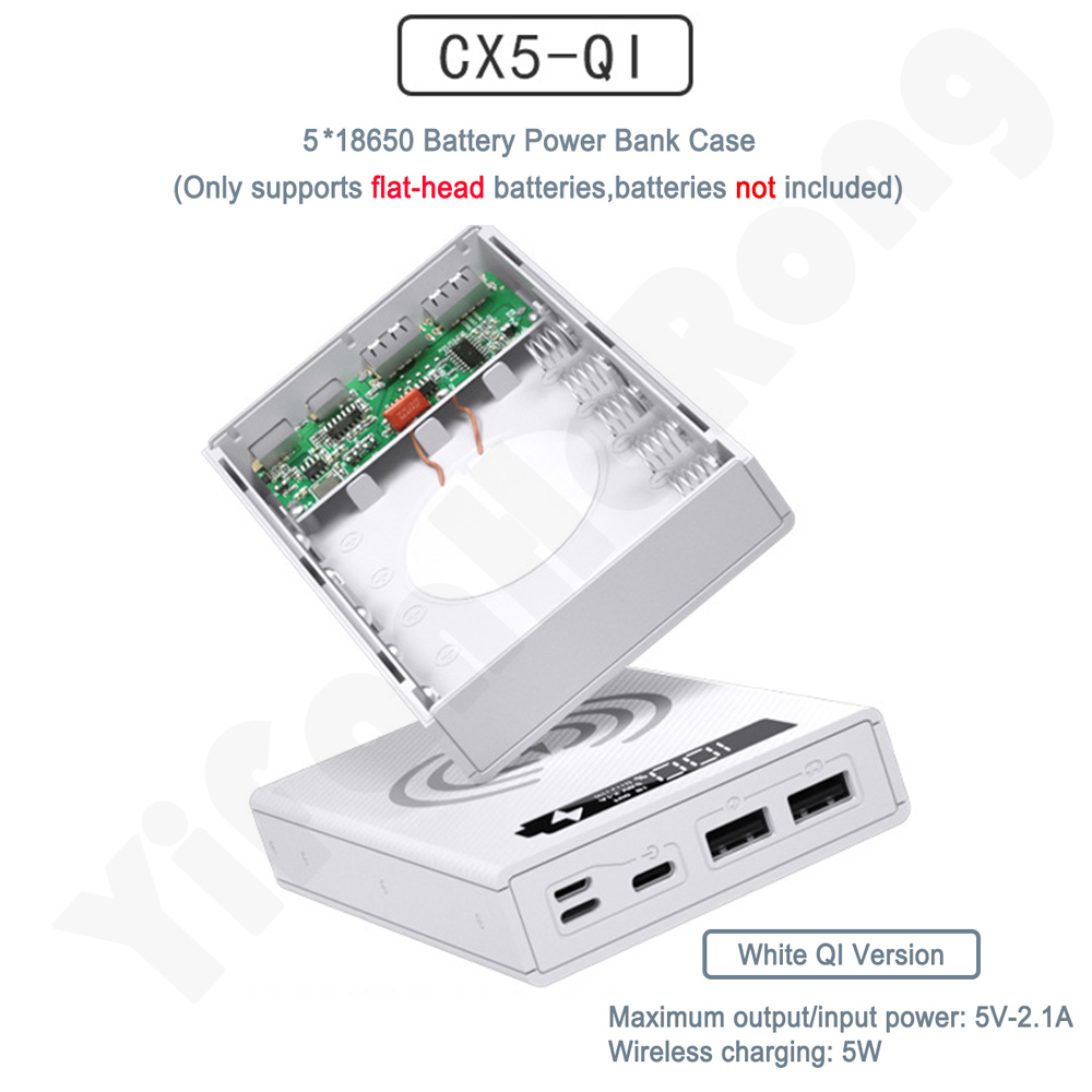 Quick Charge 5*18650 Power Bank Case 10W Wireless Charging USB Charger QC 3.0 PD DIY Shell 18650 battery Holder Charging Box: Wireless White