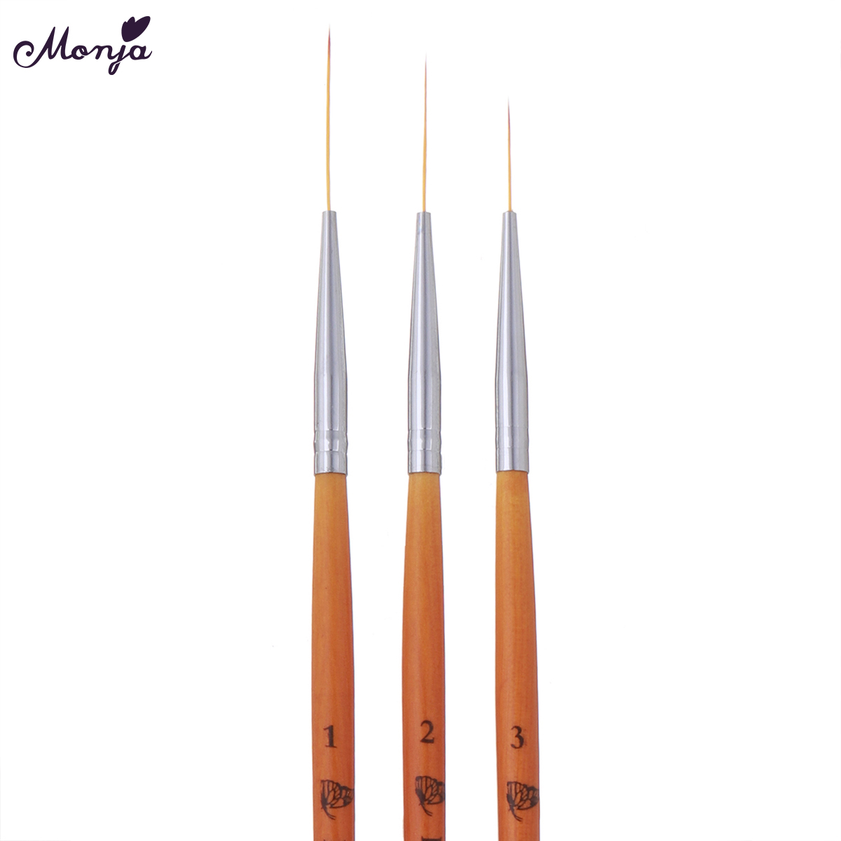 Monja 15/20/25Mm 3Pcs Nail Art Houten Handvat Franse Schilderen Borstel Lijnen Liner Bloem Rooster afbeelding Diy Tekening Pen Manicure Tool