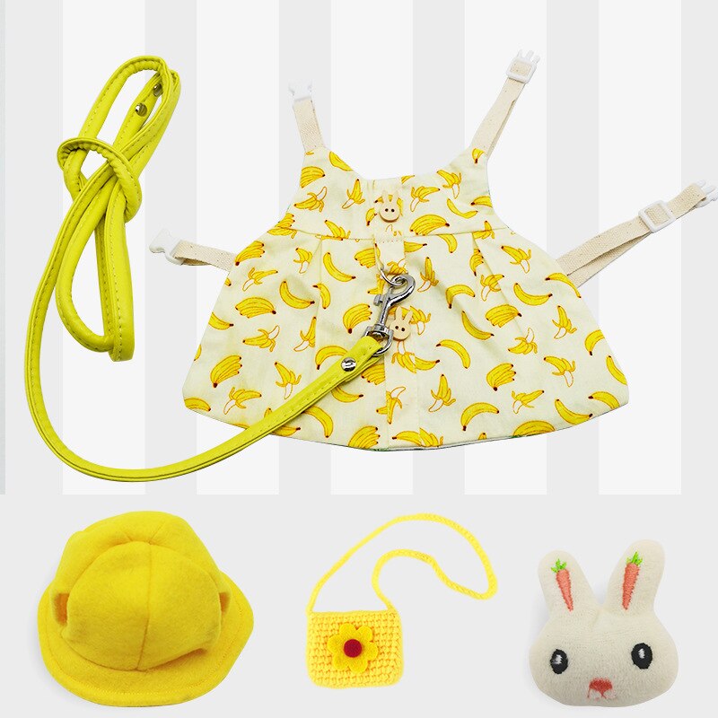 Konijn Jurk Kleine Dier Harnas Vest En Riem Met Mini Hoed Tas En Konijn Broche Escape-Proof Huisdier Bunny kleding Accessoires: banana Set / L
