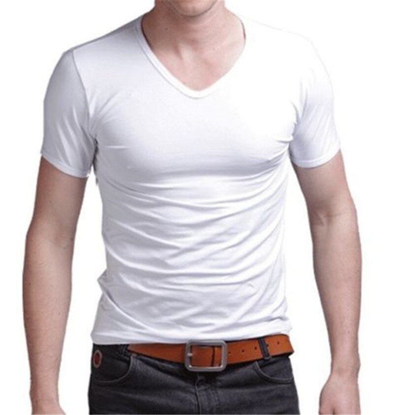 Sommer t-shirt i bomuld til mænd afslappet kortærmet t-shirt med v-udskæring sort hvid plus størrelse m-xl toppe med v-udskæring t-shirt slim fit: Hvid / Xl