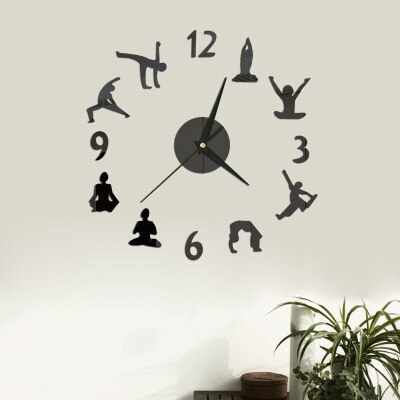 Horloge murale de Yoga effet miroir, grand format, en acrylique, autocollant, méditation, Art Zen, décoration de la maison, salon: Black