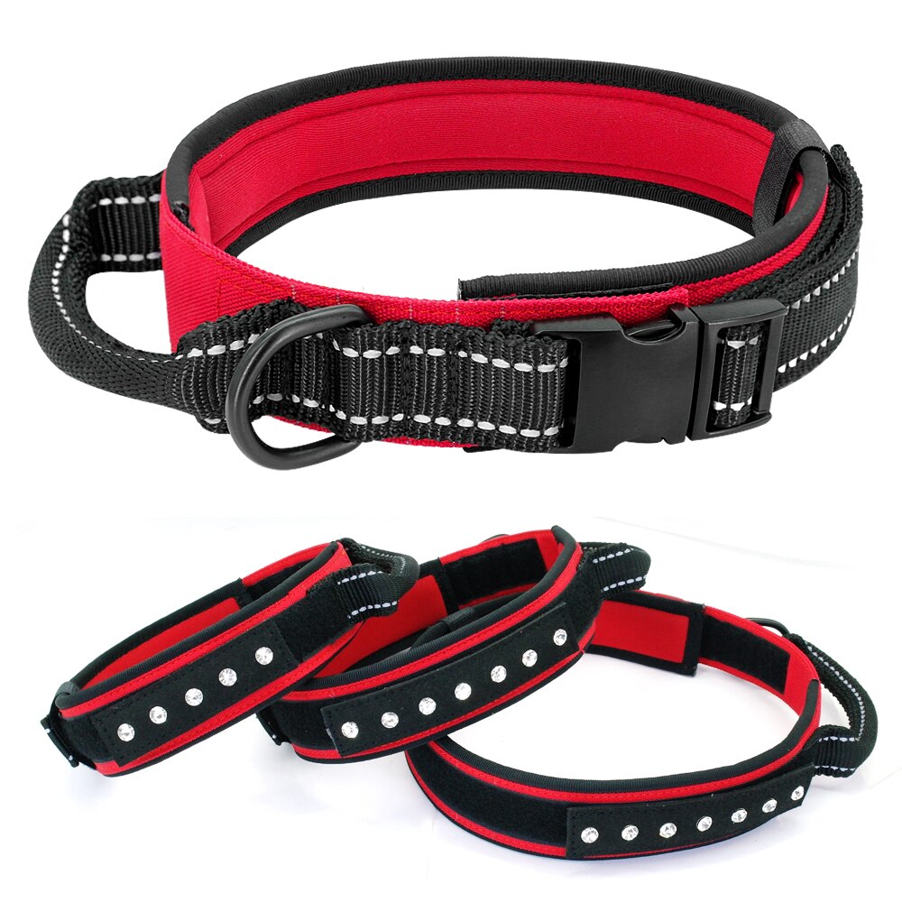 Dog Collar Reflective Nylon Training German Shepherd Collars Rhinestone Pet Collar For Medium Large Big Dogs Pitbull Terrier: Red / L