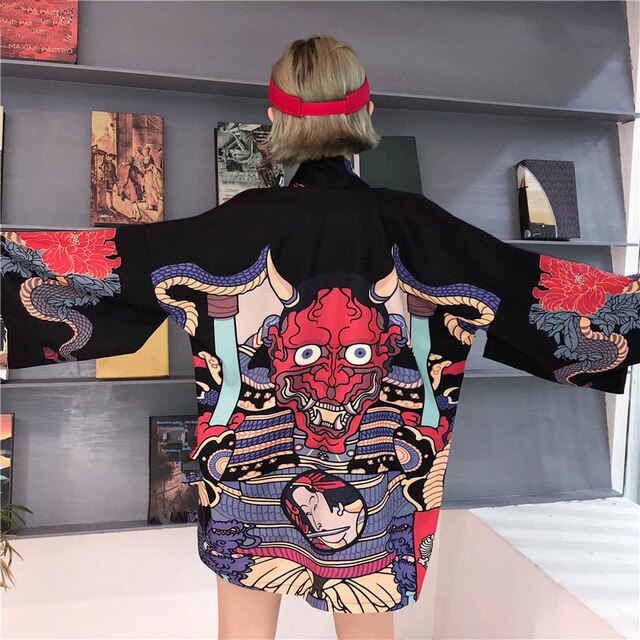 Bella philosophie japon style imprimé vintage Harajuku Style Blouse vagues et vent Dragon chemises japonais manches chauve-souris kimono