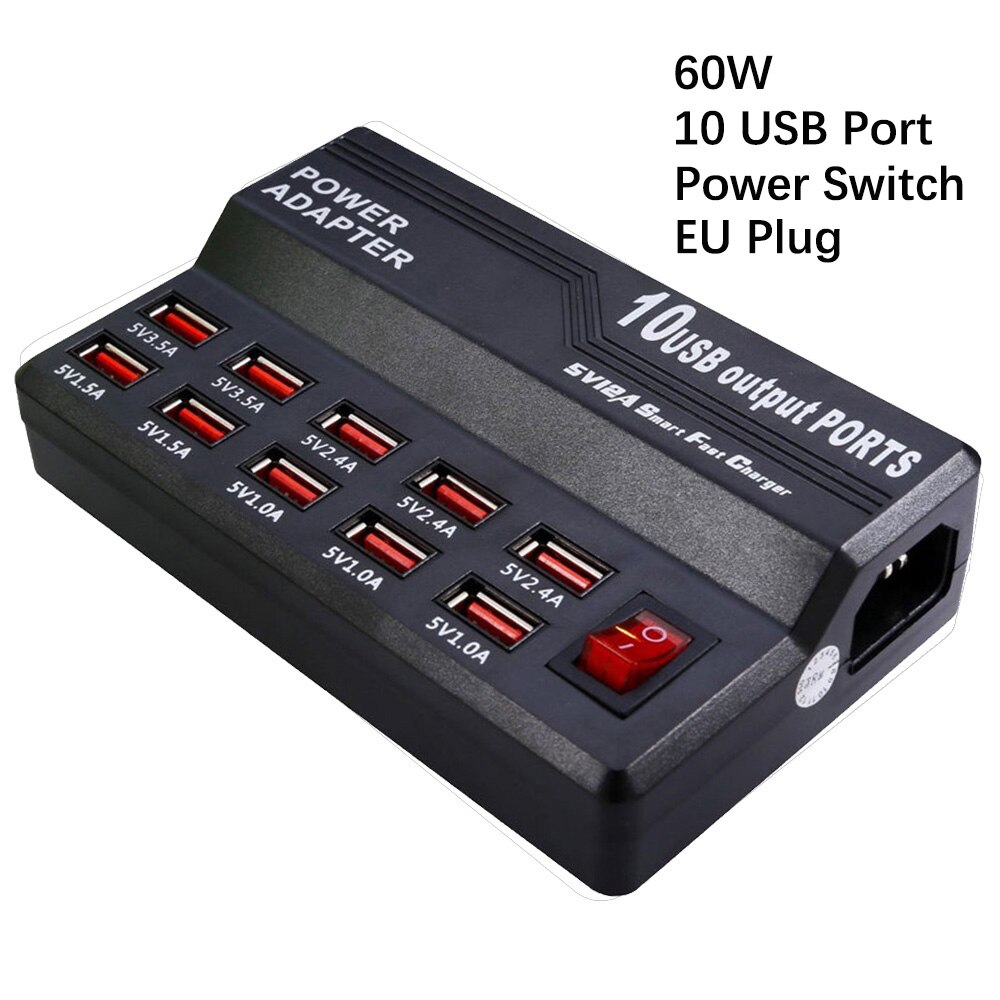 Station de charge rapide USB 100w, 12 Ports, pour IPad, caméra, écouteurs Bluetooth, manette de jeu, Apple Watch, haut-parleur, ventilateur: 60W 10 USB Port