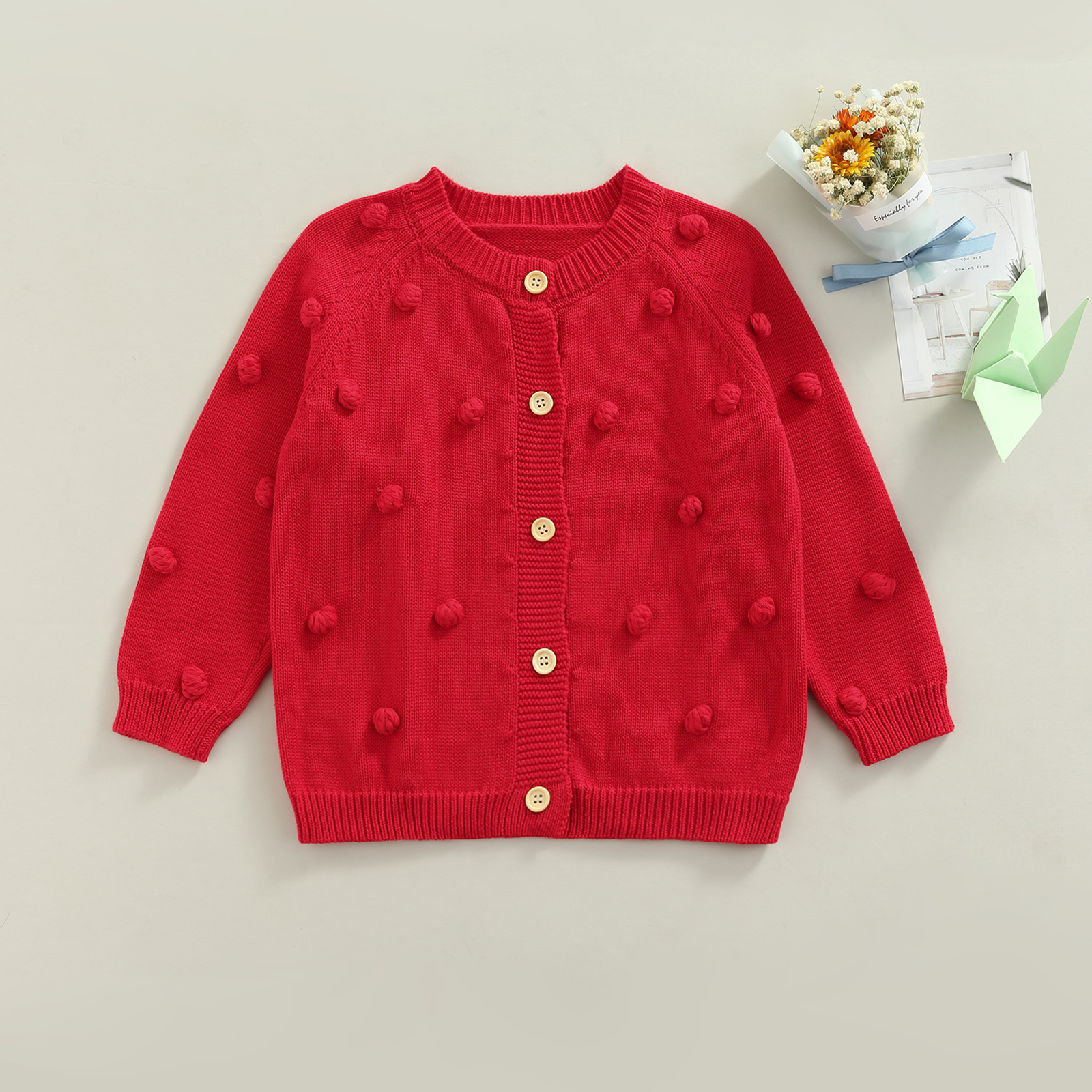 Cárdigan de punto de otoño para niñas pequeñas, decoración de bola de felpa, cuello redondo, manga larga, prendas de vestir de un solo pecho, Tops informales