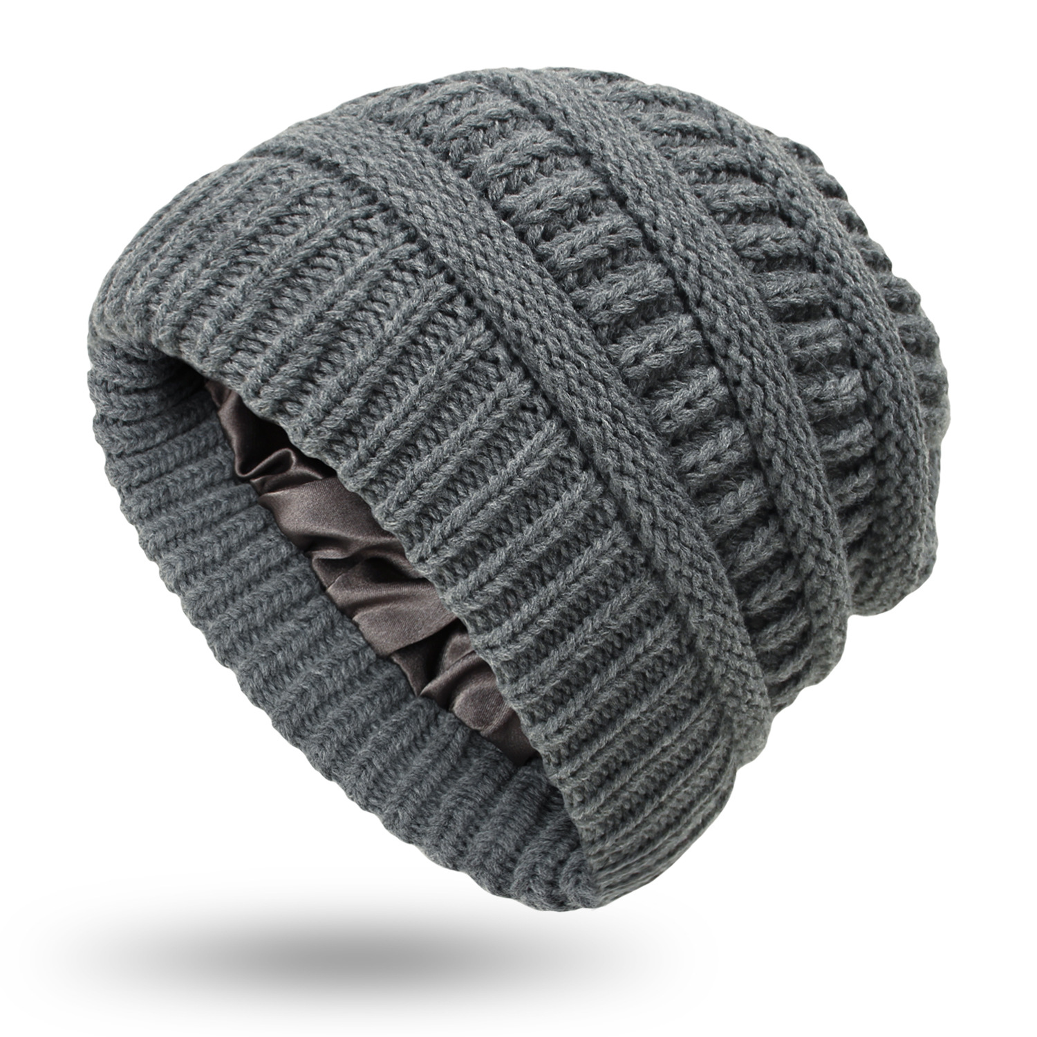 Gorro de punto cálido para mujer, gorro de punto con forro de seda satinada, gorro grueso y holgado con calavera, 9 colores, de invierno, 2022: Gris oscuro
