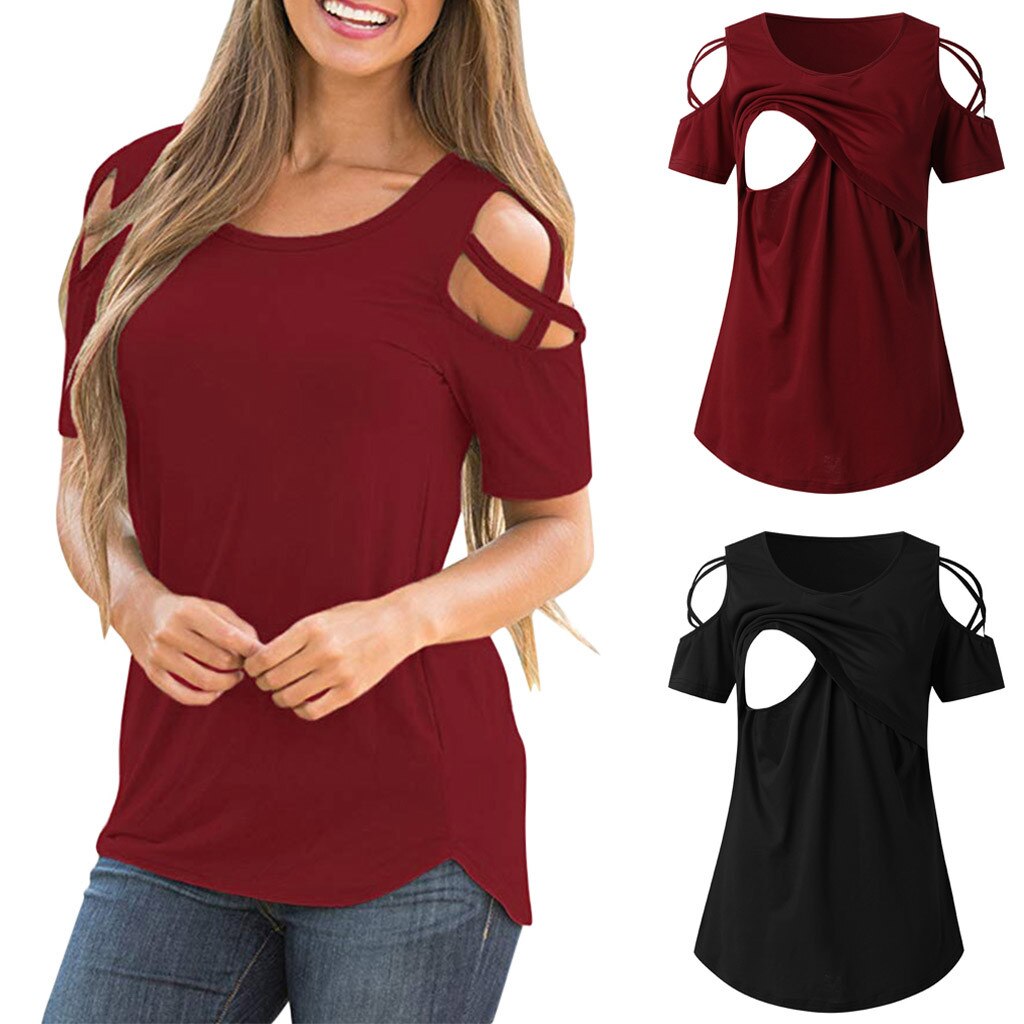 #50 Women Breastfeeding Nursing Tops Short Sleeve Strappy Cold Shoulder Shirts Pregnancy Clothes Zwangerschaps Kleding
