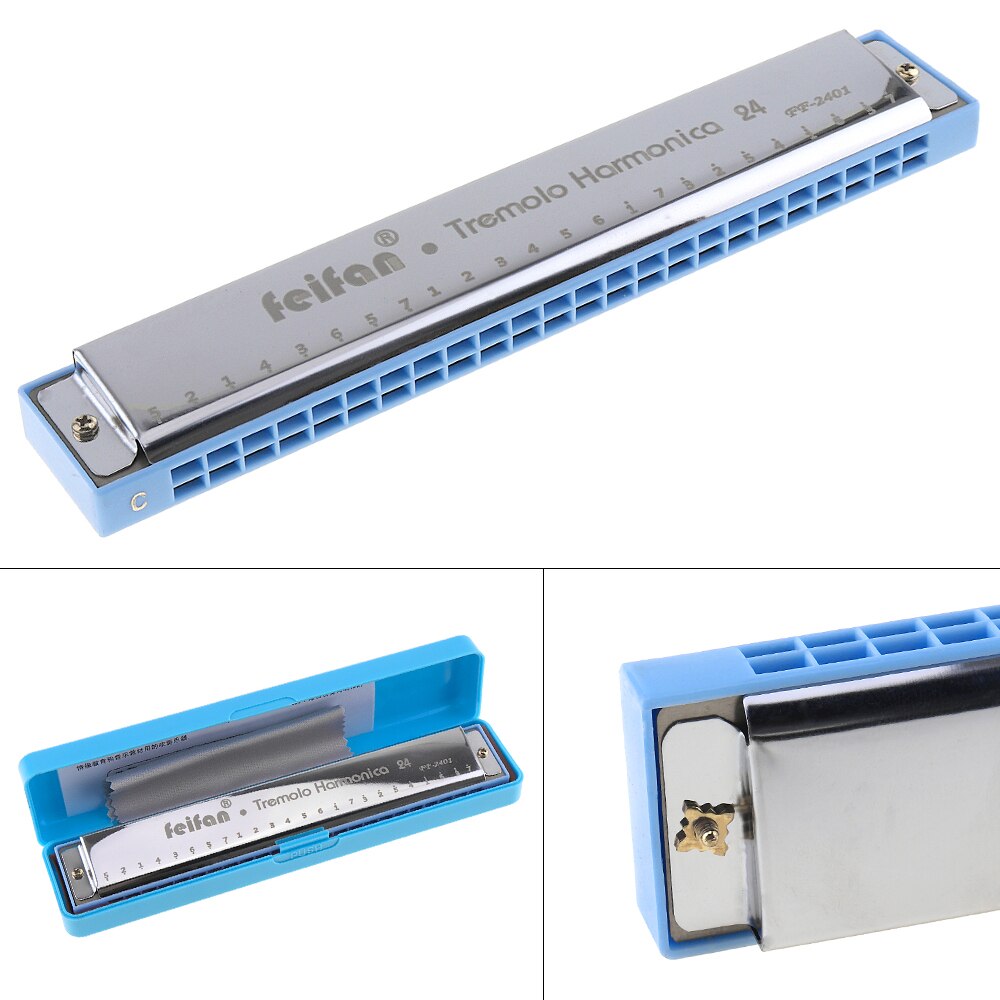 Metal 24 Holes Complex Tone Blues Harmonica Wind Instrument for Beginners and Harmonica Lover
