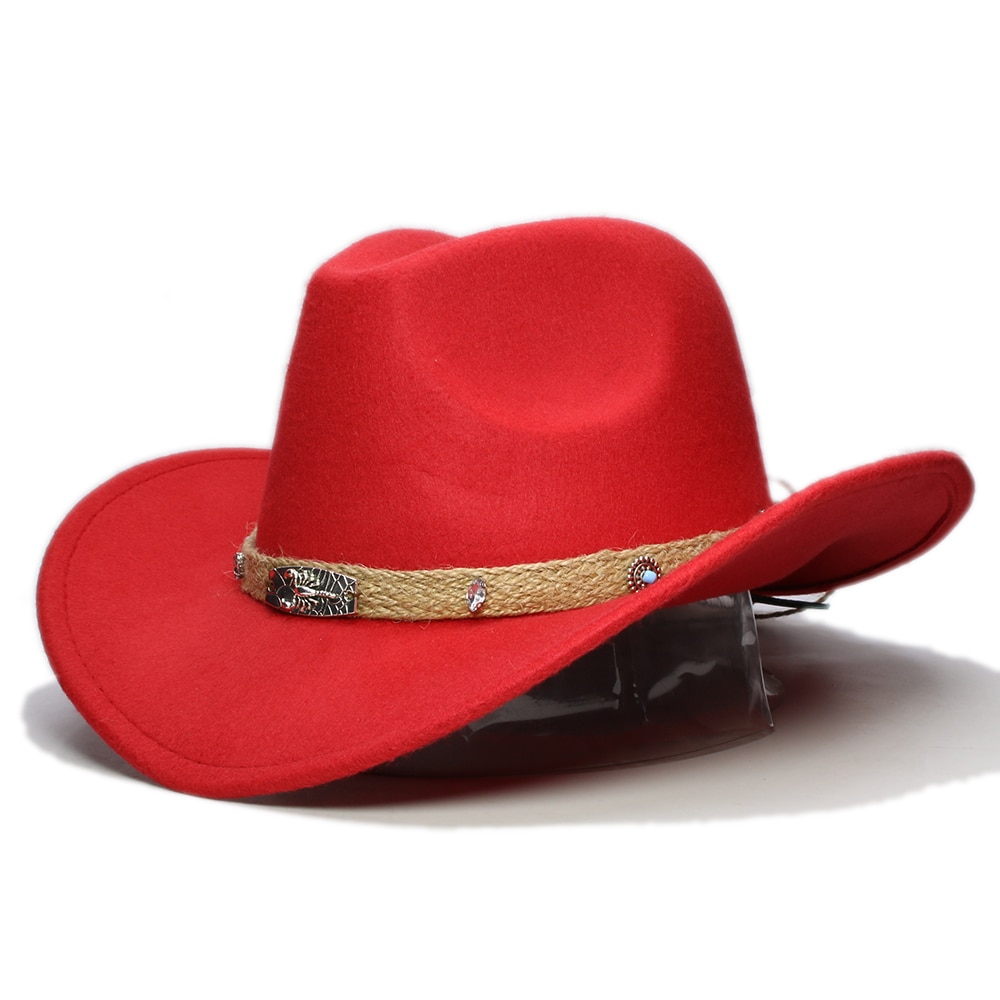 Retro beige skorpion strikket bånd forældre-barn kvinder mænd/kid uld bred skygge cowboy western hat cowgirl bowler kasket  (57cm/54cm): Rød / Børne størrelse 54cm