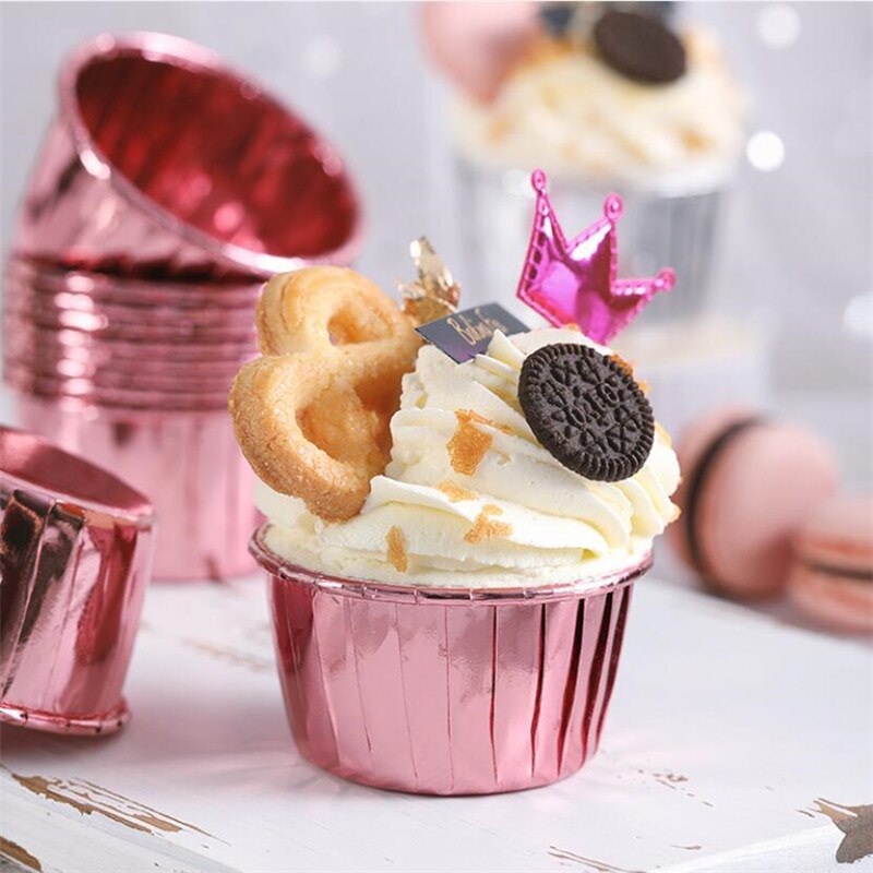 50 Stuks Cupcake Wrappers Krimpen Muffin Gevallen Cake Liner Goud Zilver Gecoat Papier Kopjes Hittebestendig Bakvorm Taart Benodigdheden