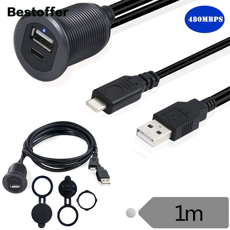 1 Meter Led Licht Type-C 2.0 Naar Usb 2.0 Man-vrouw Aux Auto Mount Flush Waterdichte Kabel: Black
