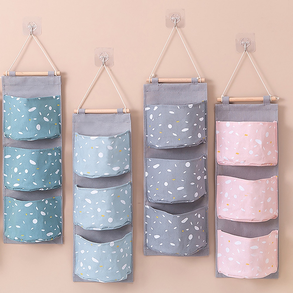 3 bolsillos Oxford tela colgante de pared de puerta diversos bolsa de almacenamiento armario de algodón Lino baño bolsa de almacenamiento organizador de juguetes cosméticos