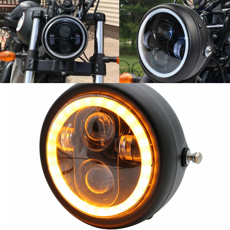 6.5 Inch Motorfietsen Ronde Led Halo Koplamp 12V Universele Afstand Licht Cafe Racer Vintage 5.75 "Motorfiets Koplamp