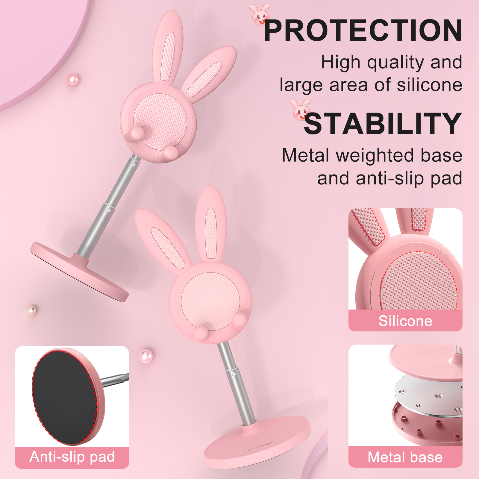 Oatsbasf Cute Cell Phone Stand for Desk, Angle Height Adjustable Bunny Phone Holder Stand, for All Mobile Phones, Tablets