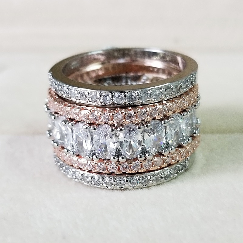 rose gold color 4 pieces stacked stack wedding engagement ring sets for women band R5899