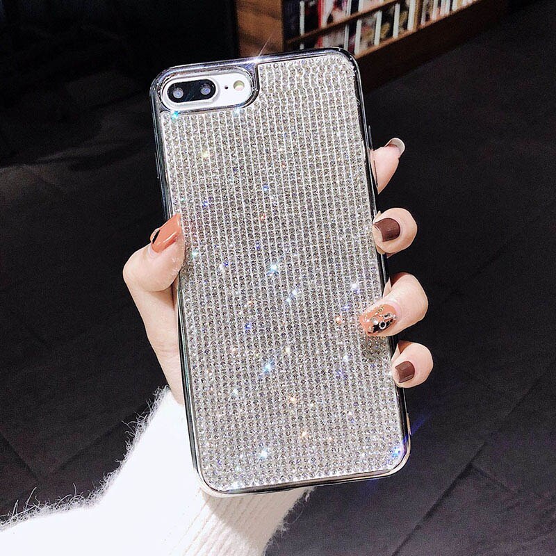 Luksusowe etui z kryształem górskim dla iphone 7 6s 8 X okładka pełne ciało diamentowe Bling etui na telefony dla XR XS Max lśniący brokat tylna okładka: For iPhone X XS