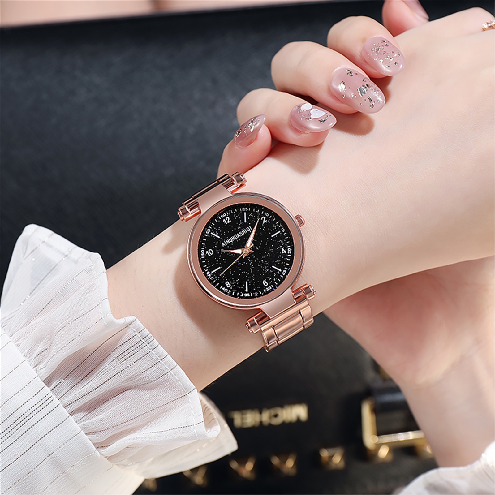 Luxe Vrouwen Horloge Strass Sterrenhemel Quartz Horloge Lichtgevende Handen Waterdicht Roestvrij Staal Dial Casual Armband Horloge