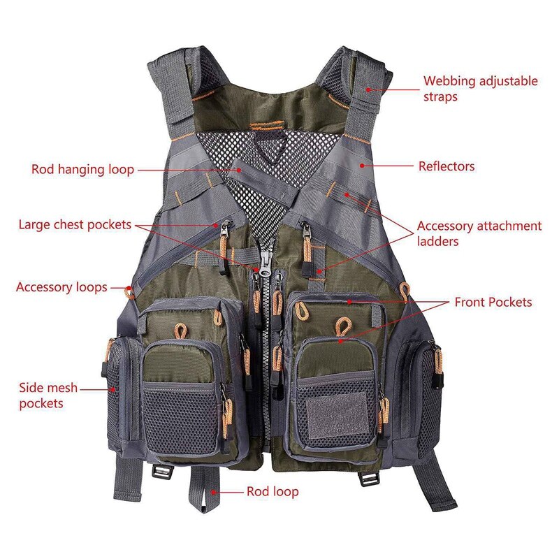 Fly Fishing Mesh Vest Jacket Life Vest Adjustable Strap for Men and Women for Fly Bass Fishing and Outdoor Activities,ArmyGreen