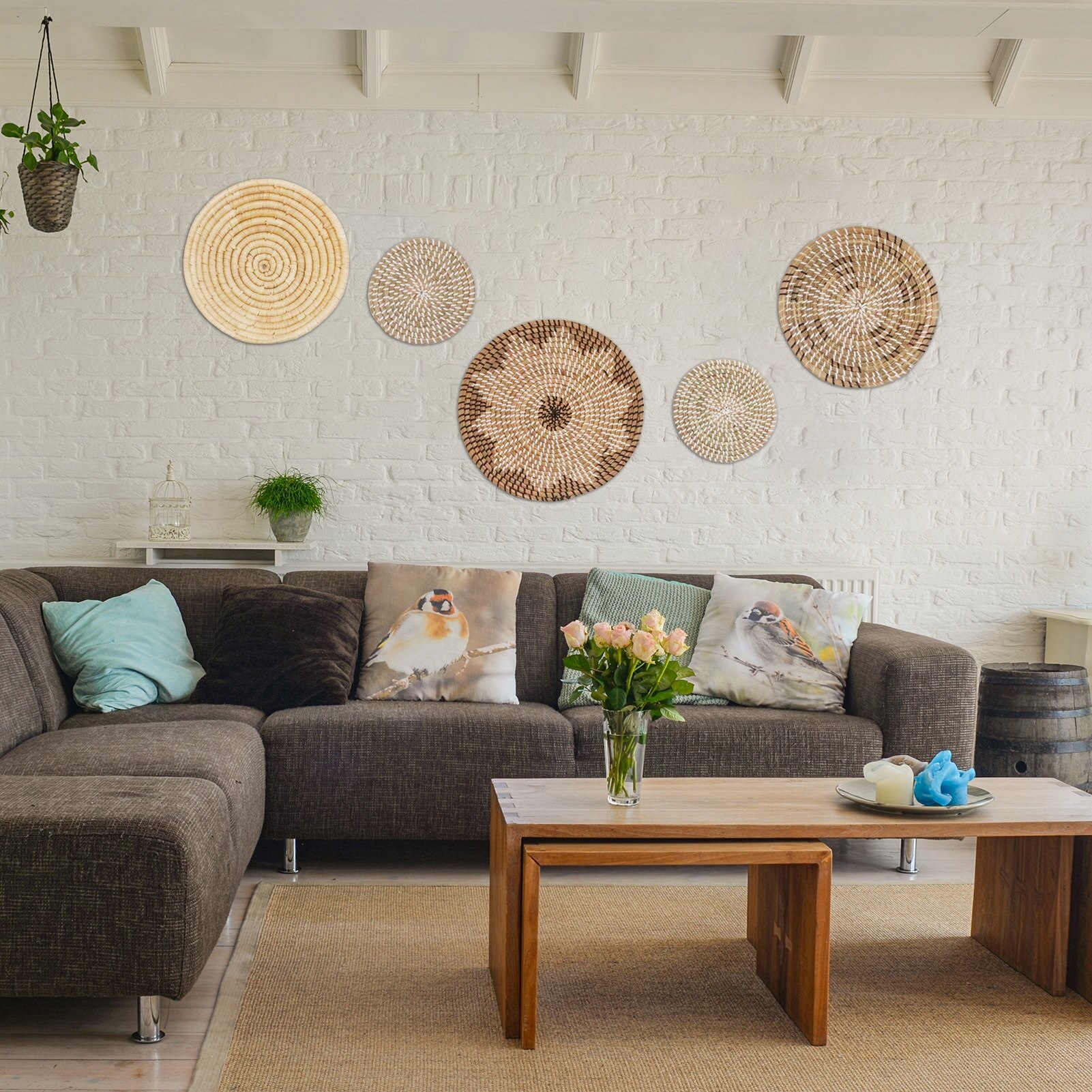 5PCS Woven Basket Wall Decor Wicker Wall Hangings Boho Art Home Décor Round Woven Wicker Baskets Different Sizes 8 To 14 Inch