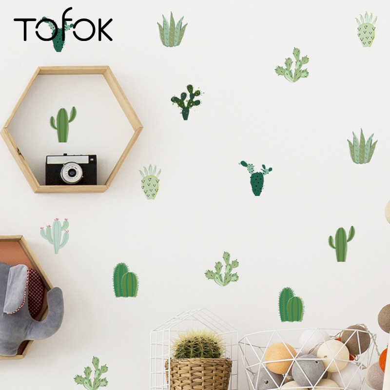 Tofok Cartoon Green Cactus DIY Wall Decorative Sticker Pastoral Style Home Window Furniture Decals Home Store Nursery Sticker