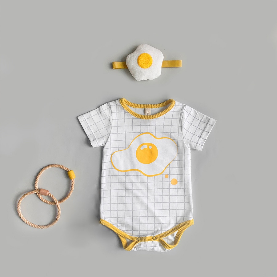 Body d'été en coton pour bébés garçons et filles, vêtements à carreaux, œufs pochés, motif de dessin animé, à la , avec bandeau à fleurs,