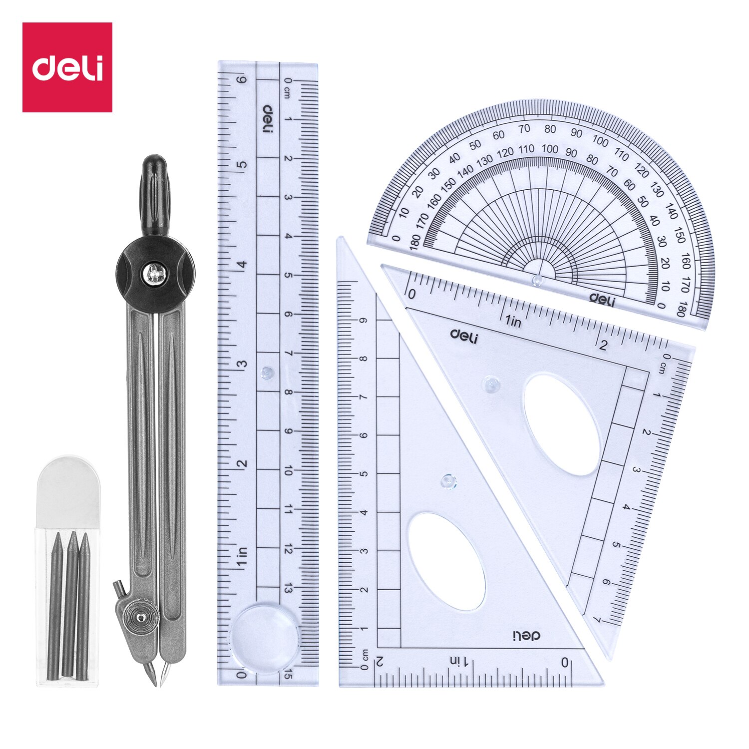 Deli E9609 School Drafting/School Drafting - Drafting set 6pcs Ruler Set Squares Protractor Compass 15cm Transparent