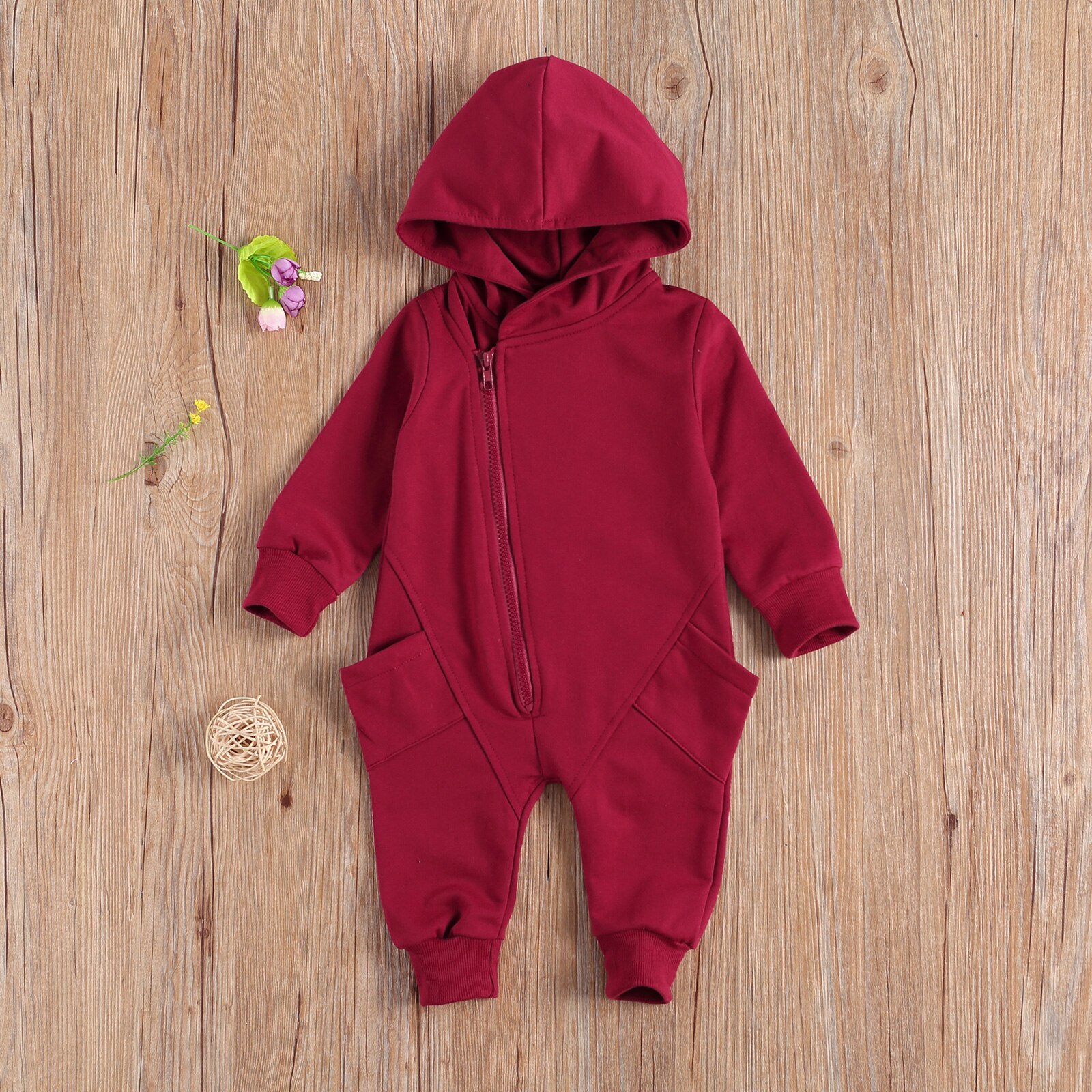 FOCUSNORM Autumn Winter Infant Baby Girls Boys Rompers Solid Pocket Long Sleeve Zipper Hooded Jumpsuits 2 Colors 0-24M