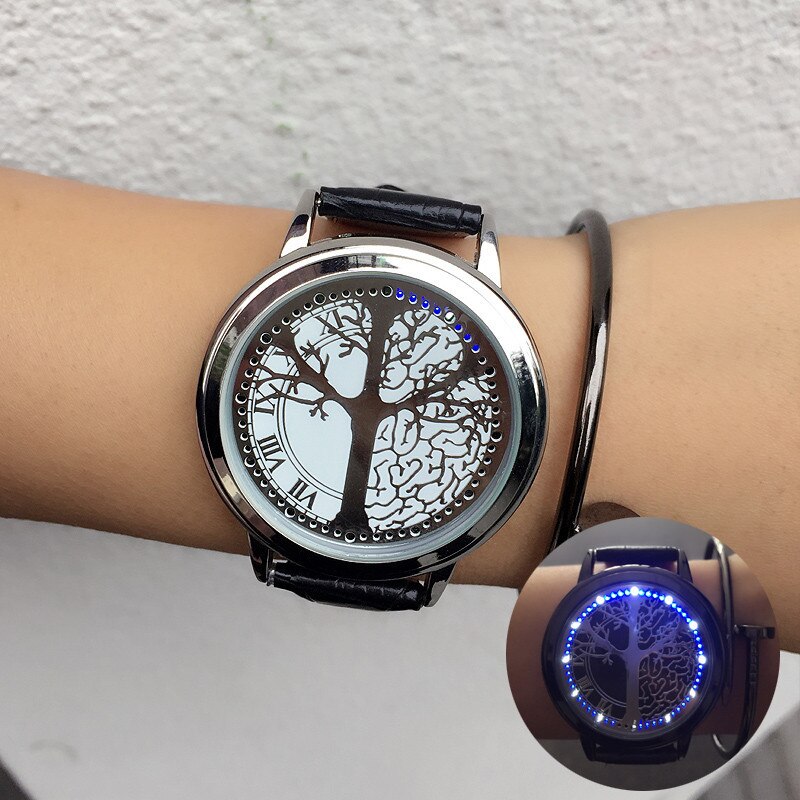 Led Watch LED Touch Screen Watch Unique Cool Watch with Tree Pattern Simple Black Dial 60 Blue Lights Watch Leather: 0091-1