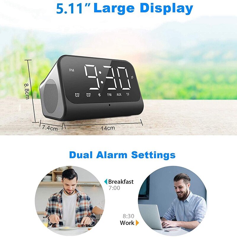 Digital LED Display Alarm Clock Radio with Bluetooth Speaker, Portable Clock for Bedroom and Office, Adjustable Volume