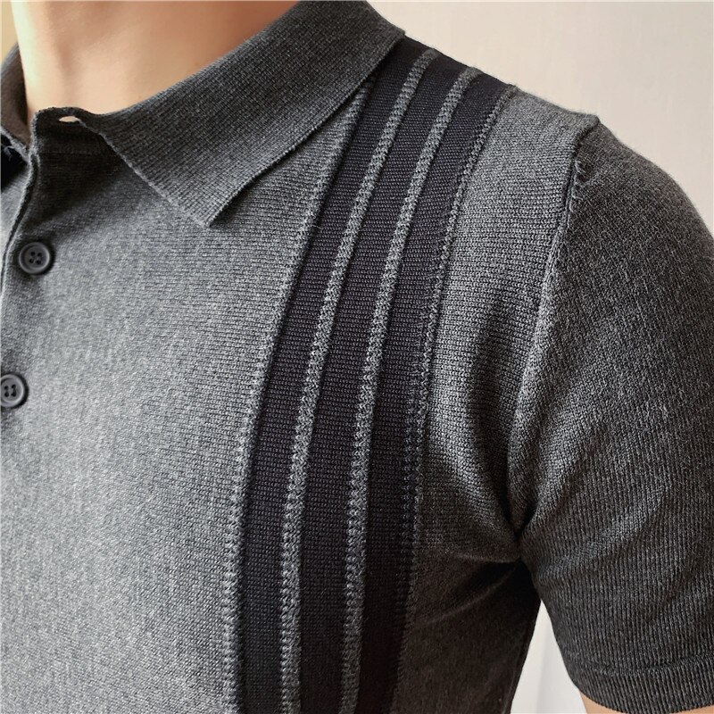 British Style Summer New Striped Polos Shirt Men Stretch Slim FitKnit Tees Streetwear 2022 Short Sleeved Business Casual T-Shirt