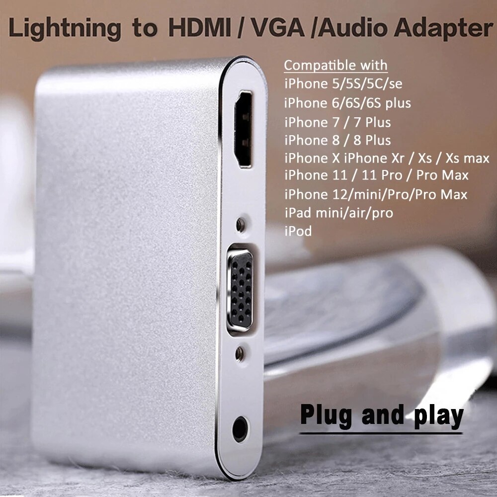 For Lightning to HDMI-Compatible VGA Audio Adapter Cable for Apple iPad iPhone 8 Plus 12 Pro Max HDMI HD TV VGA 3.5mm Converter