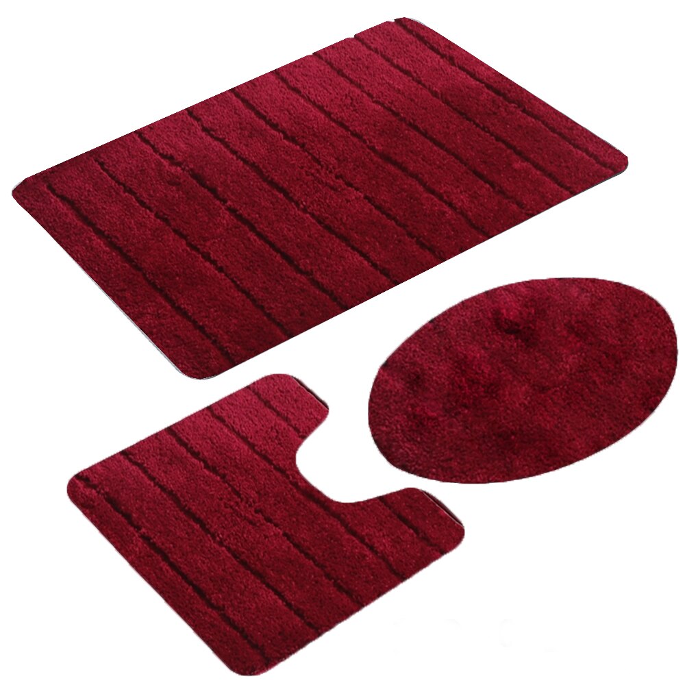 Bath Rug Sets 3 Piece for Bathroom Non Slip Bath Mat Set Washable Bathroom Rug Set Toilet Floor Mat Toilet cover: Striped Red wine
